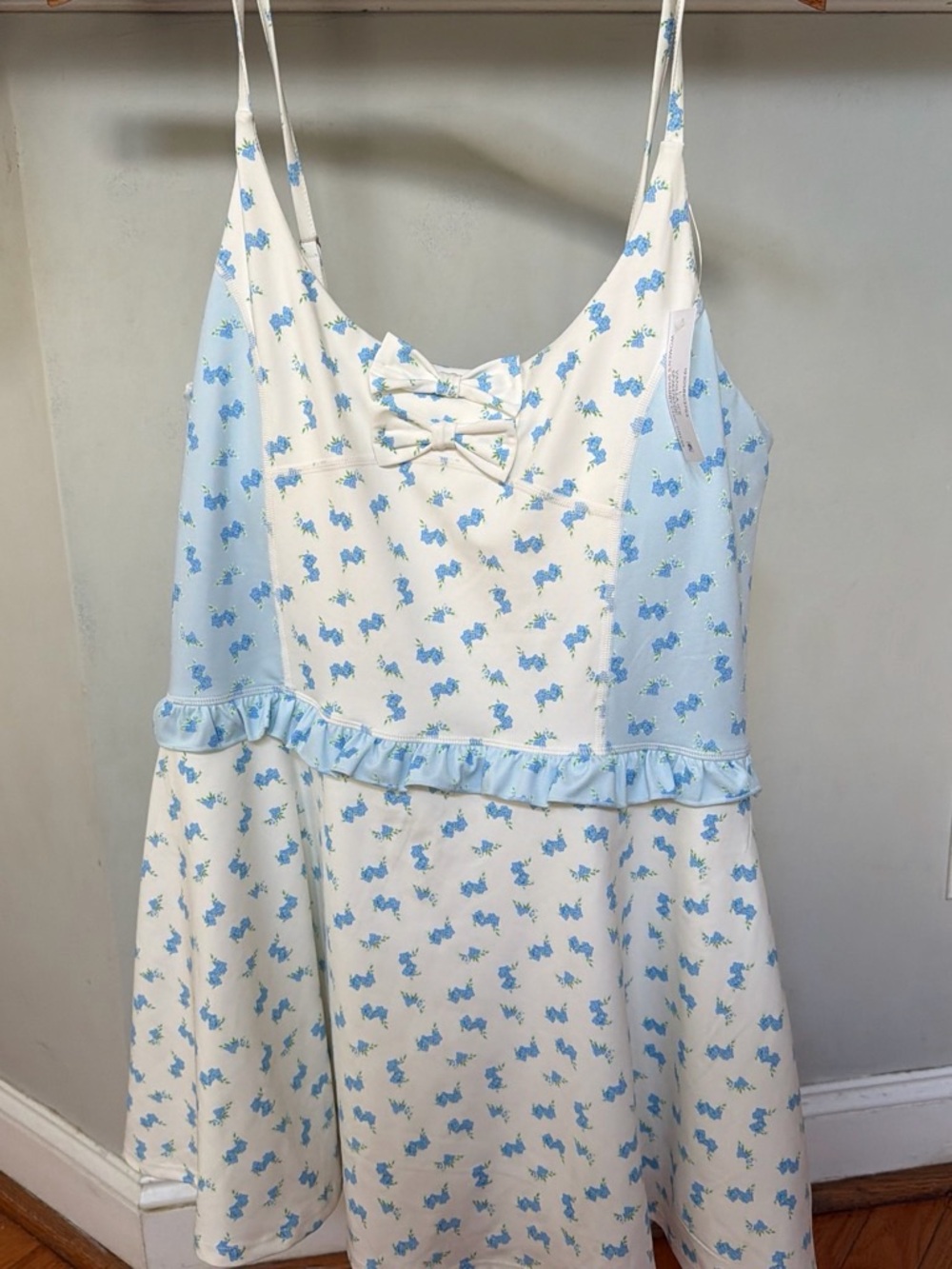 Shabby Chic White Mini Dress with Baby Blue Floral Print